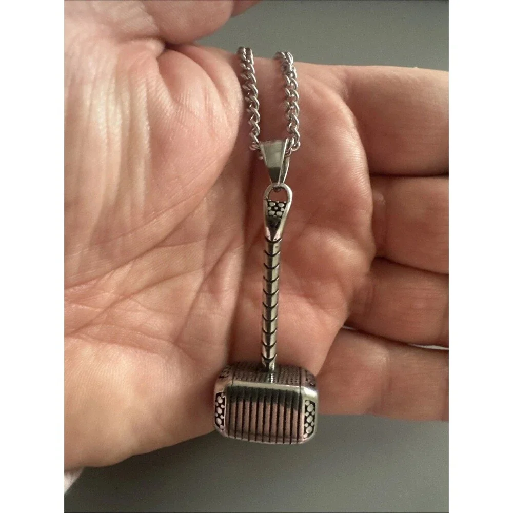 Stainless Steel Hammer Pendant 24 Inch Chain Viking Vintage Gift Men’s